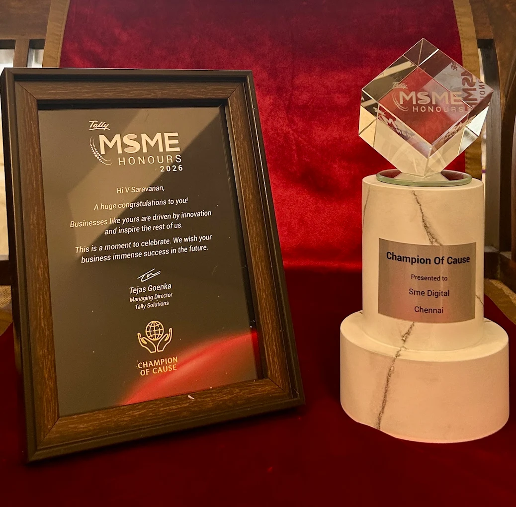 SME Digital — Tally MSME Honours 2026 Champion of Cause award trophy and certificate
